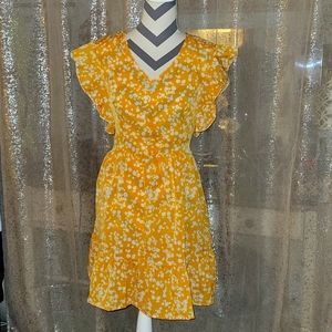 Yellow Floral V-neck Flutter Dress